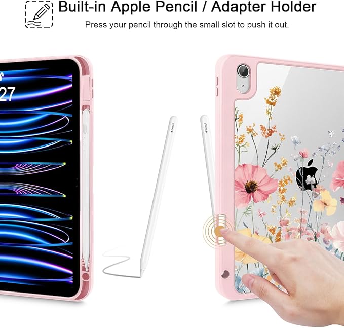 May Chen for iPad Air 11-inch M4/M3/M2 (2026/2025/2024) iPad Air 5th/4th 10.9 Inch - Shockproof Cover with Clear Back Shell &amp Penceil Holder Auto Wake/Sleep Stand Cover Wildflower