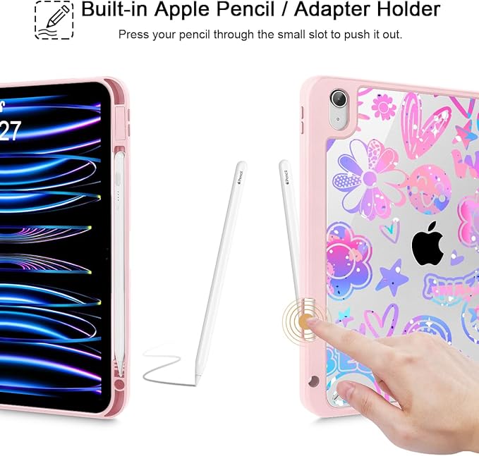 Tuiklol Case for iPad 11 inch (A16 Chip) 2025 Gen 11th / iPad 10.9 inch 2022 10th Gen Buit in Pencil Holder with Shockproof Cover Clear Transparent Back Shell Auto Wake/SleepFun Emotions Pink