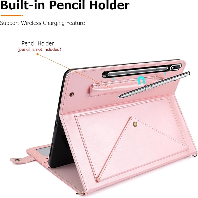 Dteck Galaxy Tab S10/S9/S8 Case Business PU Leather Folio Stand with S Pen Holder Card Slots Shoulder Hand Strap Wallet Rosegold