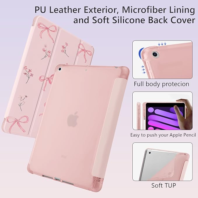 Cute Ribbon Bow Flower for iPad Air 3 Case with Pencil Holder Auto Sleep/Wake Pink Leather Soft TPU Back Cover for iPad Pro 10.5 Inch 2017