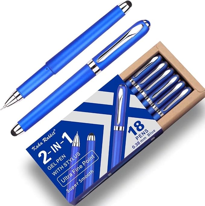 Gel Ink Rollerball Stylus Pen - 18 Pack0.38mm Gel Pen Extra Fine Point2 in 1 Capacitive Stylus PenBlue InkWriting Smoothly for OfficeBusinessGiftMetal Silver Clip