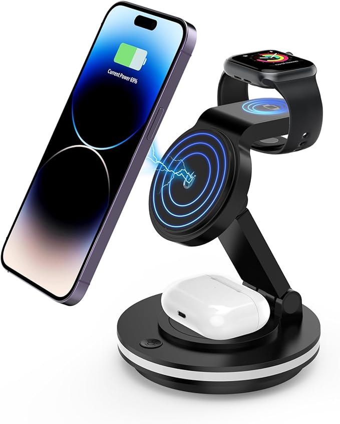 Foldable 3 in 1 Charging Station for iPhone Wireless Charger Stand with Magnetic Charging Station for iPhone 16 15 14 13 12 11 X Pro Max Watch AirPods Pro 3 2（B）