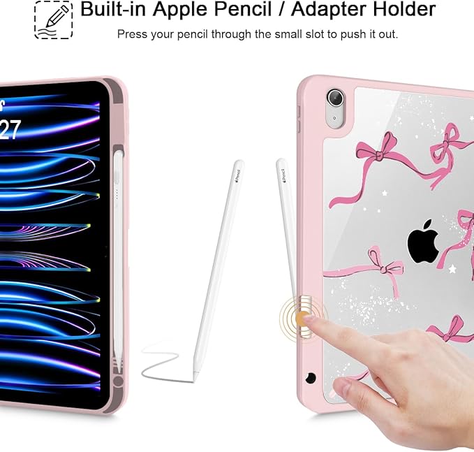 Tuiklol Case for iPad 11 inch (A16 Chip) 2025 Generation 11th / iPad 10.9 inch 2022 10th Gen Buit in Pencil Holder with Shockproof Cover Clear Transparent Back Shell Auto Wake/Sleep Bow-Pink