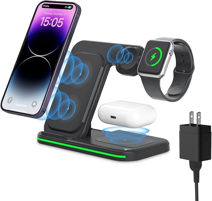 Wireless Charger for Multi Devices 3 in 1 Foldable Fast Charging Station Stand Compatible for iPhone 17 16 15 14 13 Pro for Apple Watch Series for AirPods 4 3 2 Pro for Samsung Galaxy Android (Black)