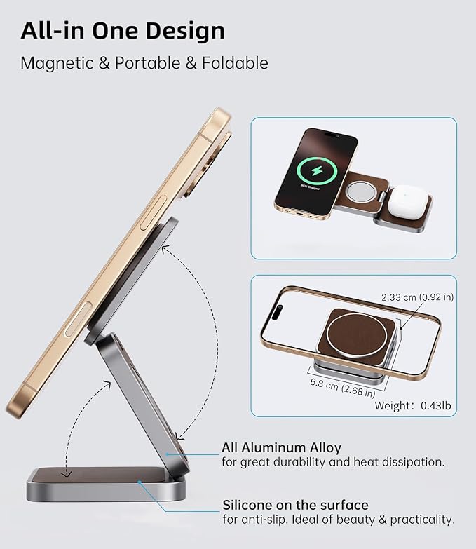 Foldable Magnetic Wireless Charger KU XIU Aluminum Alloy 3 in 1 Charging Station for Apple Fast Charging Travel Charger for iPhone 17 16 15 14 13 5W for Apple Watch Ultra AirPods Leather Texture