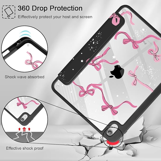 Tuiklol Case for iPad 11 inch (A16 Chip) 2025 Generation 11th / iPad 10.9 inch 2022 10th Gen Buit in Pencil Holder with Shockproof Cover Clear Transparent Back Shell Auto Wake/Sleep Bow