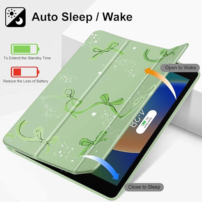 Tuiklol Case for iPad 10.2 Inch 2021 2020 2018 Release 9th / 8th / 7th Generation Built-in Pencil Holder TPU Protective Stand Back Cover Trifold Stand-Auto Wake/Sleep Bow-Green