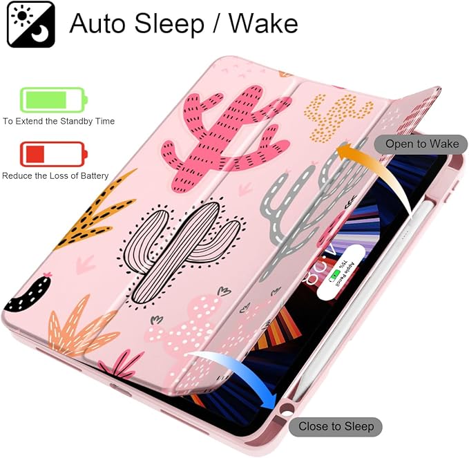 Tuiklol Case for iPad Pro 12.9 Inch M2 Case 2022 2021 2020 2018 Generation 6th/5th/4th/3rdBuilt-in Pencil 2nd Holder Clear Transparent Protective Back Shell CoverCactus