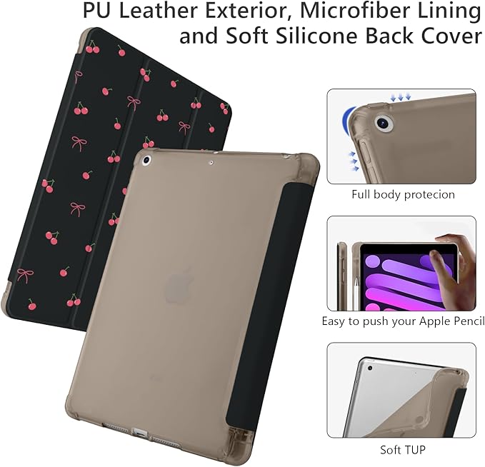 Cute Kawaii Cherry Bow for iPad Air 11 Inch Case 7th/6th Generation (M3/M2) 2025/2024 with Pencil Holder Auto Sleep/Wake Black Leather Soft TPU Back Cover