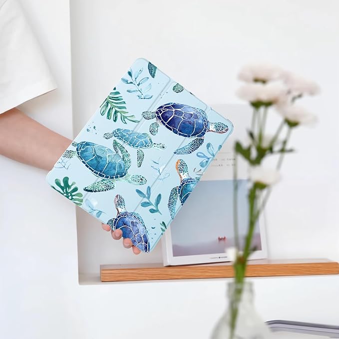 Cute Sea Turtle for iPad 5th/6th Generation Case with Pencil Holder Auto Sleep/Wake Blue Leather Soft TPU Back Cover for iPad 9.7 Inch