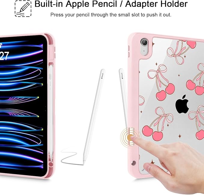 May Chen for iPad (A16) 11th Generation Case 11 Inch 2025 iPad 10th Gen Case 2022 10.9 inch Built-in Pencil Holder with Shockproof Cover Clear Back Shell Auto Wake/Sleep Pink Cherry Bow