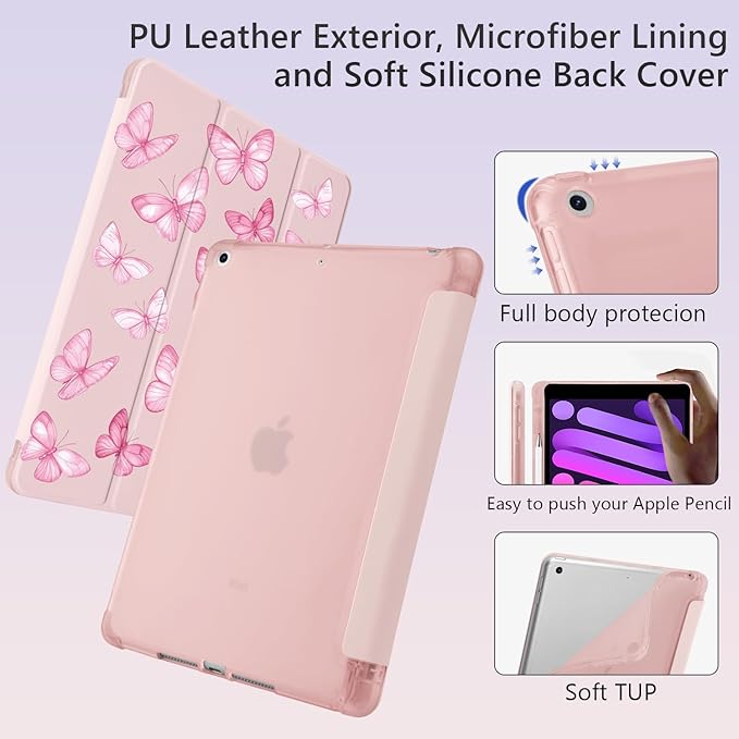 Cute Y2K Pink Butterfly for iPad Air5/Air4 Case with Pencil Holder Auto Sleep/Wake Pink Leather Soft TPU Back Cover for iPad 10.9 Inch 2022/2020