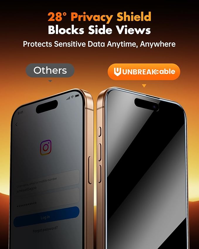 UNBREAKcable Privacy Screen Protector for iPhone 16 Pro Max 6.9 3 Pack Full Coverage Tempered Glass [28° Anti-Spy] [9H Hardness] [Easy Installation Box] Shatterproof Private Screen Guard