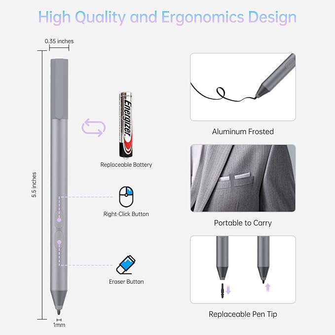 Pen for Surface Pro 11 2500 Working Hour 1024 Pressure Eraser &amp Right-Click Palm Rejection for Surface Pro 11/10/9/8/X/7+/7/6/5/4/3 Surface Go 1-4 Surface Laptop/Studio/Book 1-5 Kobo eReade