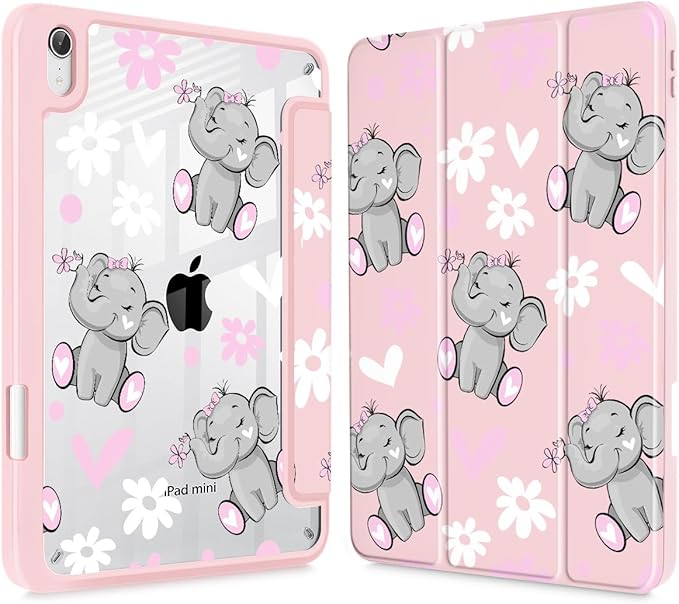 May Chen Slim Case for iPad mini 7 (A17 Pro 7th Generation) 2024 / iPad mini 6 (6th Gen) 8.3 Inch [Built-in Pencil Holder] Shockproof Cover Clear Clear Back Shell Auto Wake/Sleep Cute Elephant