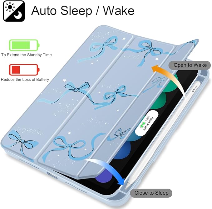 May Chen Slim Case for iPad mini 7 (A17 Pro 7th Generation) 2024 / iPad mini 6 (6th Gen) 8.3 Inch [Built-in Pencil Holder] Shockproof Cover Clear Clear Back Shell Auto Wake/Sleep Blue Stars Bow