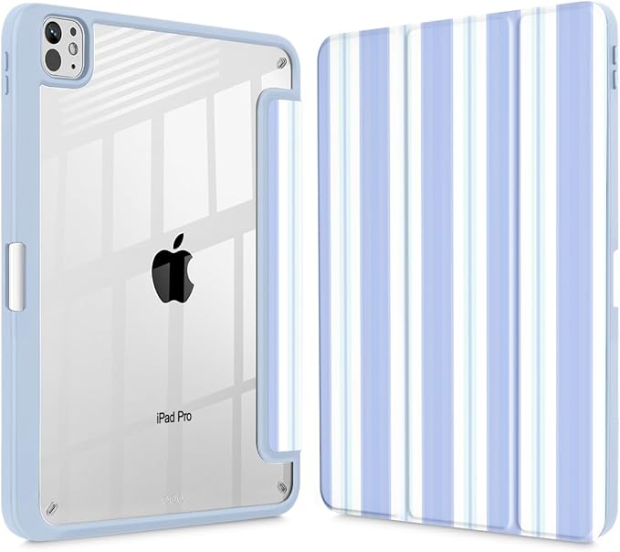 Mektron Case for M5/ M4 iPad Pro 11 inch 2025/2024 with Pencil Holder Compatible Models: A3357/A3358/A3359/A2836/A2837/A3006 Shockproof Cover Clear Shell Blue Striped