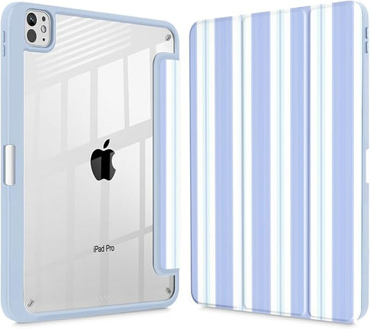 Mektron Case for M5/ M4 iPad Pro 11 inch 2025/2024 with Pencil Holder Compatible Models: A3357/A3358/A3359/A2836/A2837/A3006 Shockproof Cover Clear Shell Blue Striped