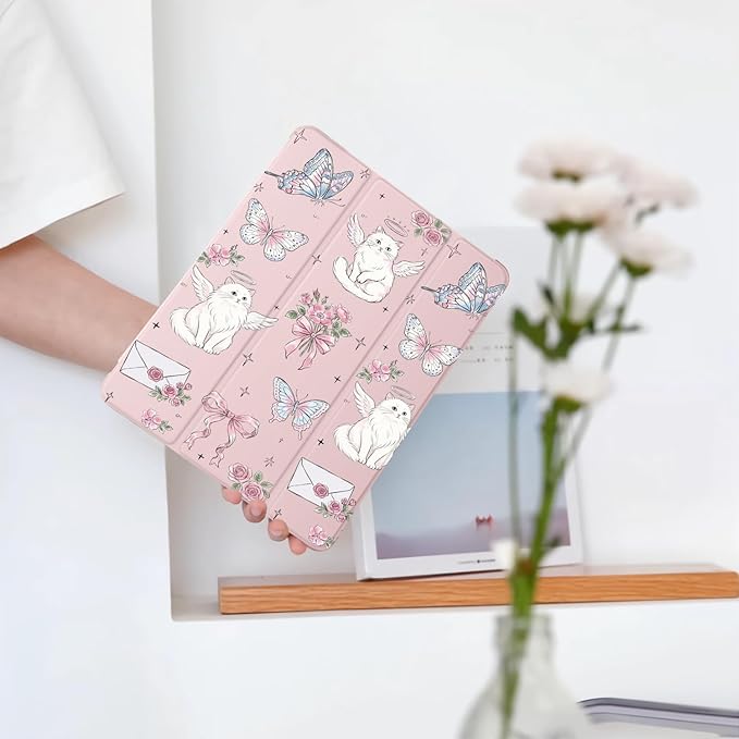 Cute Kawaii Cat Butterfly for iPad 7th/8th/9th Generation Case with Pencil Holder Auto Sleep/Wake Pink Leather Soft TPU Back Cover for iPad 10.2 Inch 2019/2020/2021