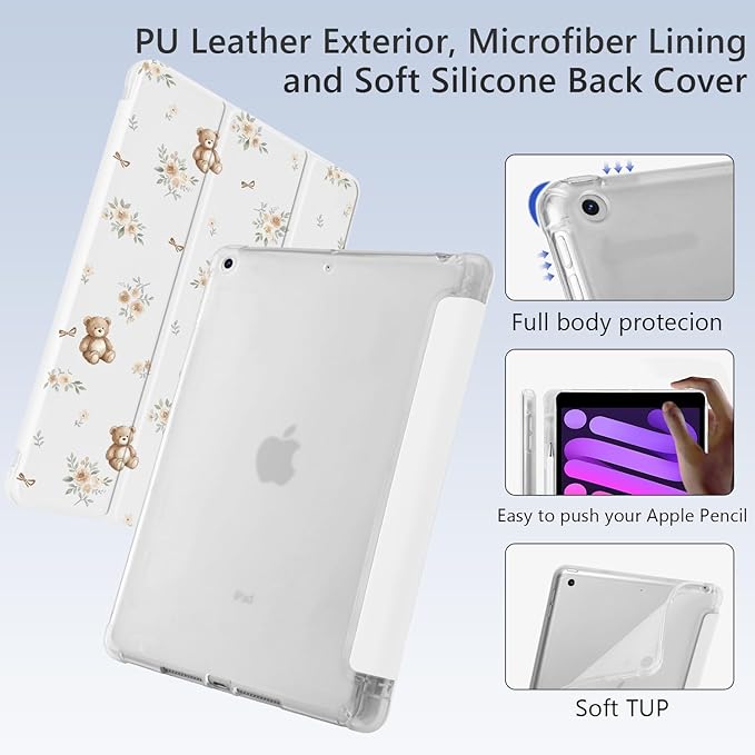 Cute Kawaii Bear Flower for iPad 7th/8th/9th Generation Case with Pencil Holder Auto Sleep/Wake White Leather Soft TPU Back Cover for iPad 10.2 Inch 2019/2020/2021
