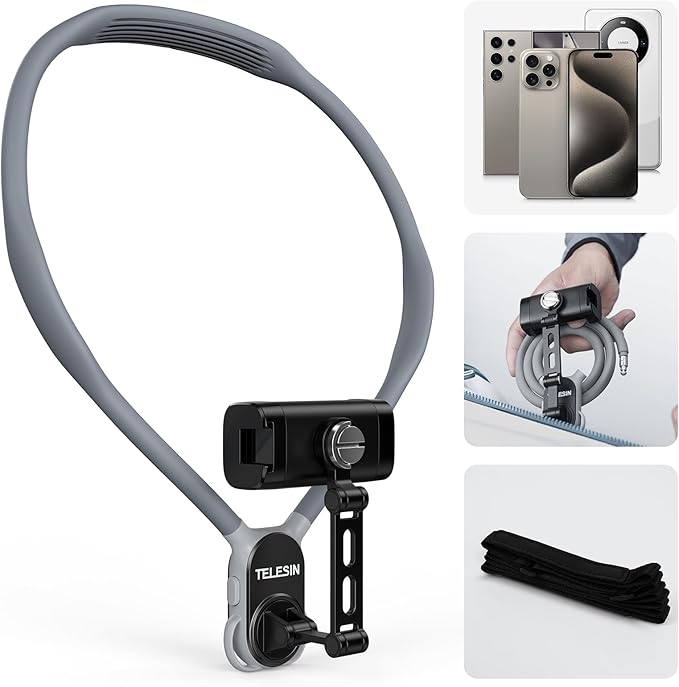 TELESIN° Neck Phone Holder POV/Vlog Neck Mount for Phones with Phone Clip Hands Free Phone Neck Holder w Chest Strap Neck Selfie Mount Video Recording for iPhone Samsung Google Pixel and All Phones