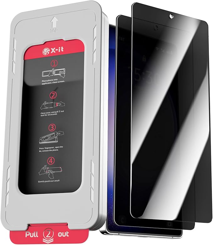 X-it 2-Pack Privacy Screen Protector Compatible with Samsung Galaxy S25 100% Fingerprint Unlock 9H+ Tempered Glass Automatic Dust Removal Military-Grade Protection Bubble-Free Case Friendly