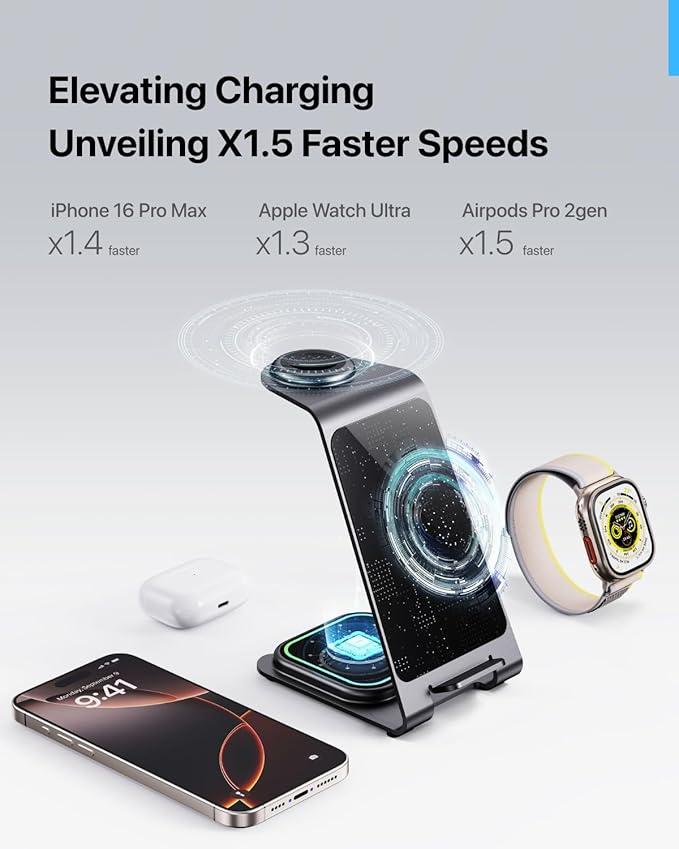 Intoval Aluminum 3 in 1 Wireless Charging Station for iPhone 17 16 15 14 13 12 11 Pro Max XR Wireless Charger for Apple Watch 11 10 9 8 7 Ultra SE 3 2 Phone Charger for AirPods 4 Pro 2 3 (Grey)