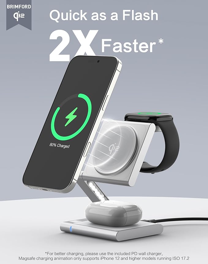4in1 Wireless Charging Station for iPhone 17 Foldable Aluminum Wireless Charger with Led for iPhone 17/16/15/14/13/12Series iWatch 10/9/8/7/6/Ultra Pods