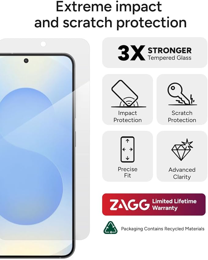 ZAGG Glass+ Samsung Galaxy S25+/ S24+ Screen Protector – Extreme Impact &amp Shatter Protection Scratch-Resistant Smudge-Resistant Fingerprint Scanner Compatible InvisibleShield Easy Installatio