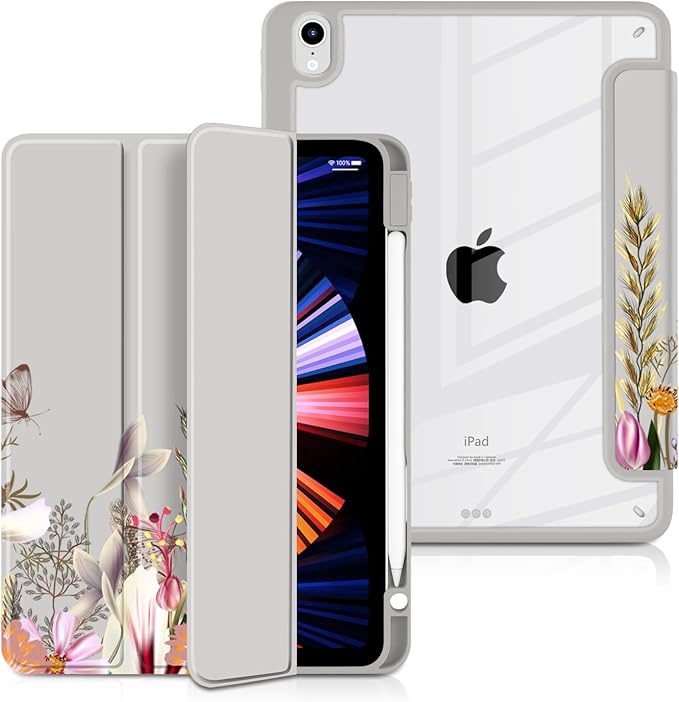 Batianda Hybrid Case for New iPad 11 2025 A16 Chip/iPad 10 2022 10.9-inch [Built-in Pencil Holder] Shockproof Cover with Clear Transparent Back Shell TPU BumperAuto Sleep/Wake Flowers
