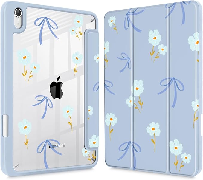 Mektron Printed Case for iPad mini 7 (A17 Pro) 2024/ Mini 6 2021 iPad mini 7th/6th Generation 8.3-inch Liquid Retina Display Cover Buit in Pencil Holder with Clear Back Shell Blue Bows &amp Flower