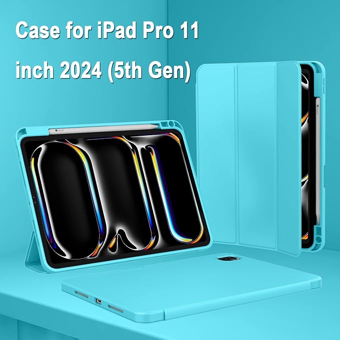 ZryXal iPad Pro 11 Inch Case (M5) 2025/ (M4) 2024 (Model: A2836/A2837/A3006) Trifold Stand Smart Cover with Pencil Holder and Soft TPU Back Auto Wake/Sleep (Cyan)