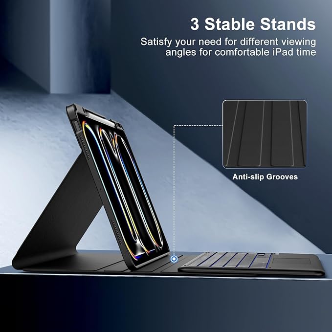MoKo for iPad Pro 13 Inch Case with Keyboard (M4 2024) iPad Pro 13 Case with Pencil Holder Detachable Wireless Keyboard - Multi-Touch Trackpad - 7 Colors Backlight Multi Stand Black