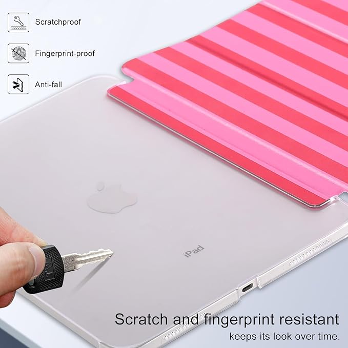 case for ipad 11th Generation11 Inch 2025 (A16 Chip) &amp 10th Gen 10.9 Inch 2022 - Slim Scratch-Resistant Hard PC Translucent Back Shell Smart Cover Wake/Sleep Function Red Pink Stripes