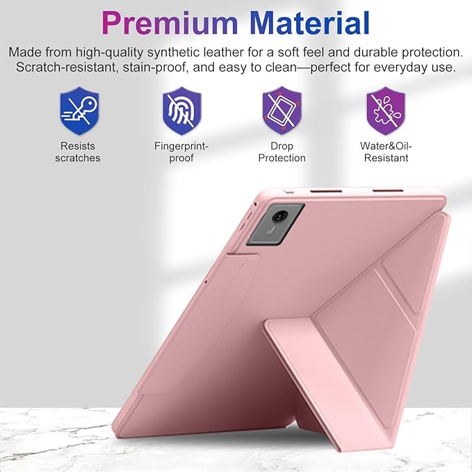 Case for Lenovo Idea Tab Plus 12.1 Inch – Multi-Angle Stand PU Leather Soft Cover with Hidden Pencil HolderSlim Lightweight Back Protective Folio Case ShockproofAnti-Scratch[Pink]