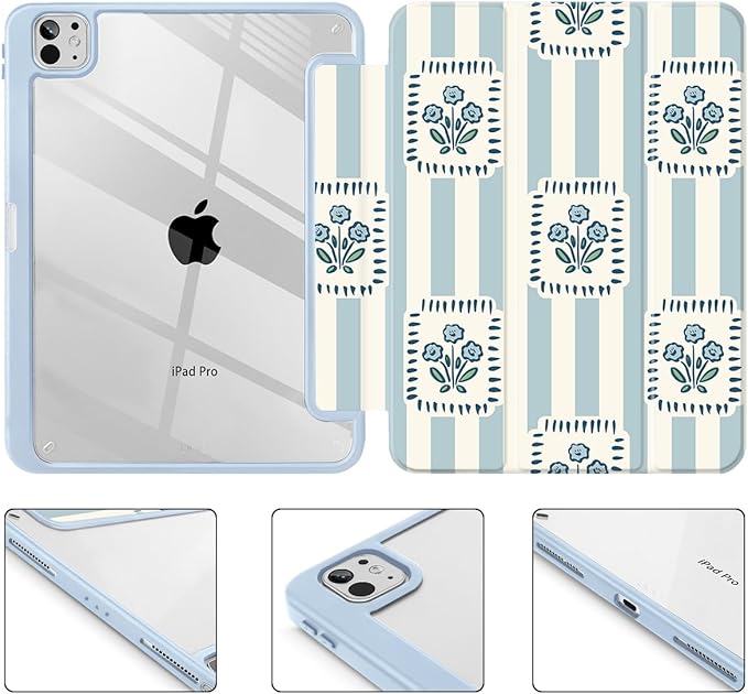 Mektron Case for M5/ M4 iPad Pro 11 inch 2025/2024 with Pencil Holder Compatible Models: A3357/A3358/A3359/A2836/A2837/A3006 Shockproof Cover Clear Shell Patchwork Floral