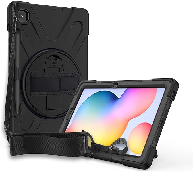 KIQ Shield Series Galaxy S6 Lite Case Heavy Duty Tablet Shockproof Rugged Tab S6 Lite Cover W/Stand Shoulder Strap for Samsung Galaxy Tab S6 Lite 10.4 Inch 2022/2020 P610/P613/P615/P619 - Black