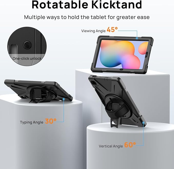 Gerutek Case for Samsung Galaxy Tab S6 Lite 10.4 2024/2022/ 2020 Full-Body Drop Protective Case with Screen Protector Pen Holder 360° Rotate Hand Strap &amp StandShoulder Strap Black