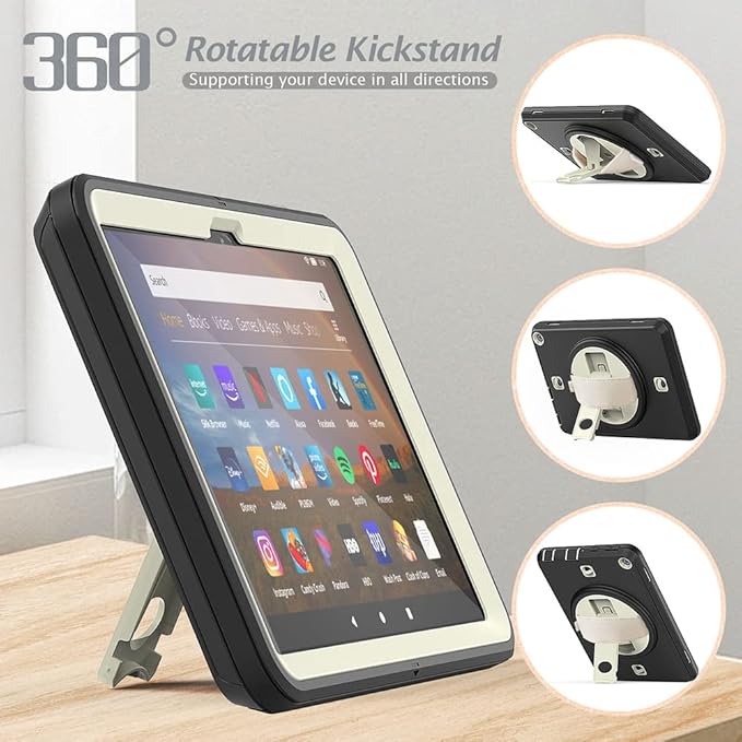 New Kindle Fire HD 8/8 Plus Tablet Case with 360 Degree Swivel Stand Carrying Strap Children's Ebook Cover Black