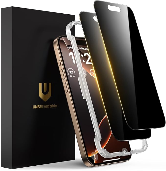 UNBREAKcable Privacy Screen Protector for iPhone 16 Pro Anti-Spy Shatterproof Tempered Glass [True 28°Anti Spy] [9H Hardness] [Easy Installation Frame] Black Protector for iPhone 6.3 - 2 Pack
