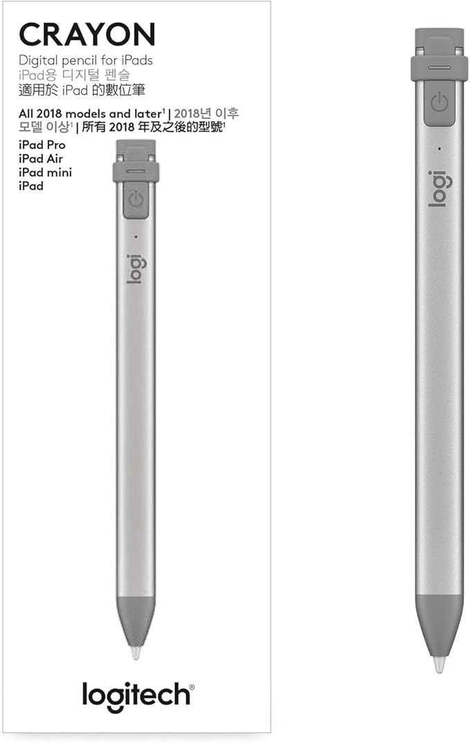 Logitech Crayon Digital Pencil for All iPads (2018 Releases and Later) with Apple Pencil Technology Anti-roll Design and Dynamic Smart tip - Grey