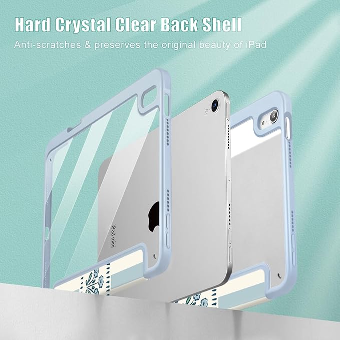 Mektron Printed Case for iPad mini 7 (A17 Pro) 2024/ Mini 6 2021 iPad mini 7th/6th Generation 8.3-inch Liquid Retina Display Cover Buit in Pencil Holder with Clear Back Shell Patchwork Floral