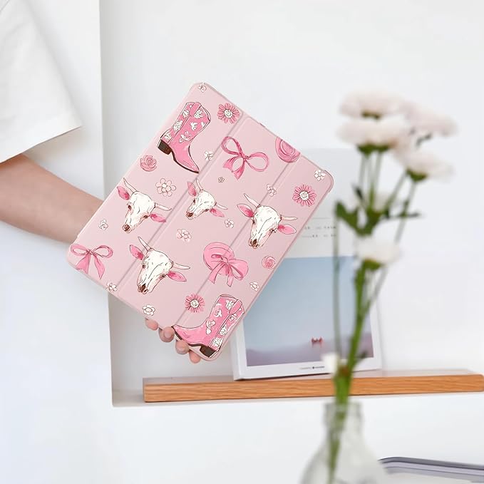 Cute Western Cowgirl Bow for iPad mini 7 A17 Pro 2024/iPad Mini 6 Case with Pencil Holder Auto Sleep/Wake Pink Leather Soft TPU Back Cover