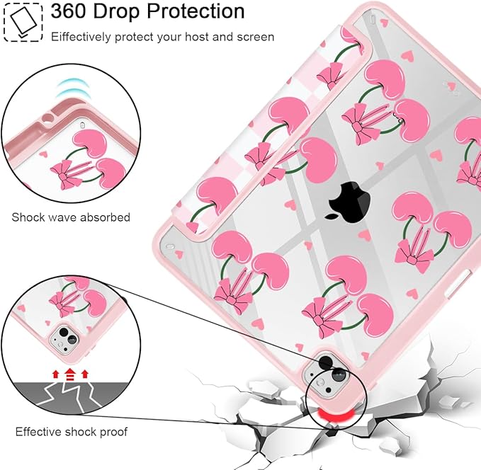 May Chen Case for iPad Pro 11-Inch M5/M4 2025/2024 (6th/5th Generation) Clear Transparent Print Back Shell Slim Stand Shockproof Tablet Cover Auto Wake/Sleep Pink Cherries &amp Bows