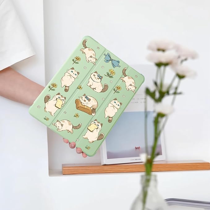 Cue Kawaii Kitten Cat for iPad Air 3 Case with Pencil Holder Auto Sleep/Wake Green Leather Soft TPU Back Cover for iPad Pro 10.5 Inch 2017