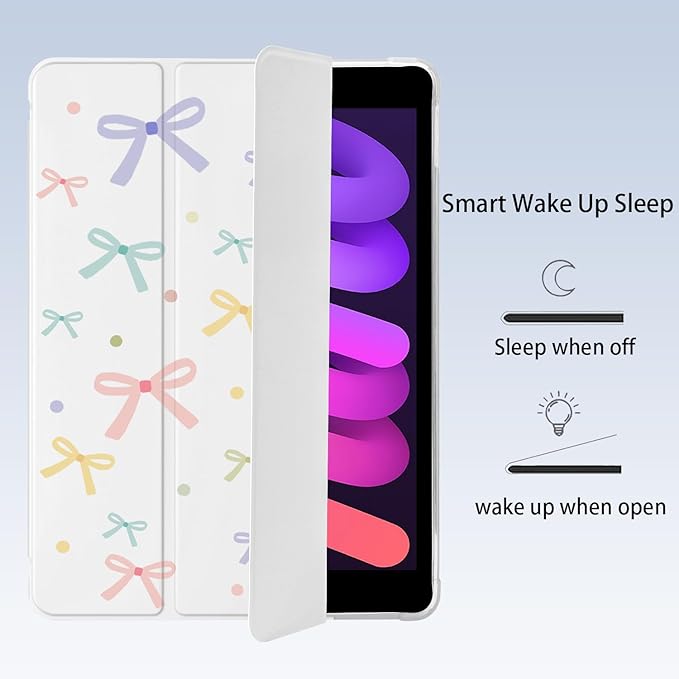 Cute Kawaii Colorful Bow for iPad Pro 11 Inch Case (M5/M4) 2025/2024 with Pencil Holder Auto Sleep/Wake White Leather Soft TPU Back Cover