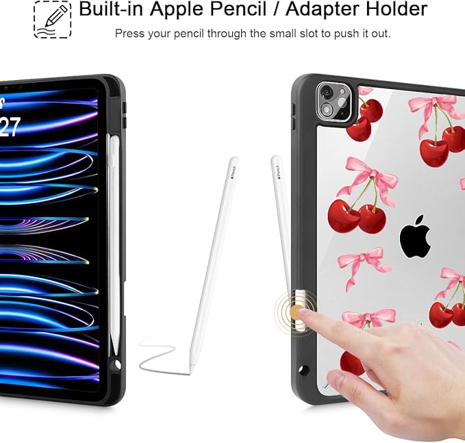 May Chen for iPad Pro 11 inch M2 4th Generation 2022 iPad Pro 11 3rd/2nd/1st Gen Built-in Pencil Holder with Shockproof Cover Clear Transparent Back Shell Auto Wake/Sleep Cherry &amp Cheetah