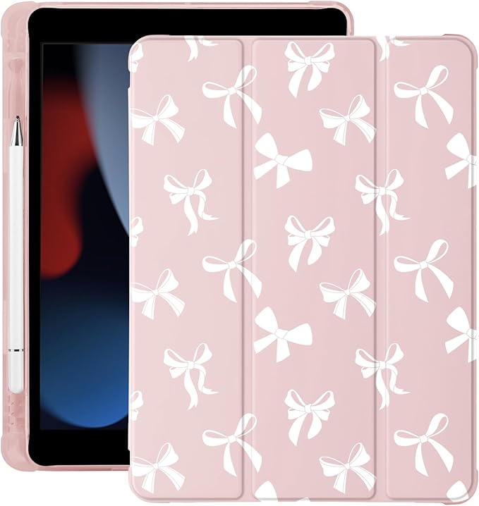 Cute Kawaii Bow for iPad Pro 11 Inch Case (M5/M4) 2025/2024 with Pencil Holder Auto Sleep/Wake Pink Leather Soft TPU Back Cover