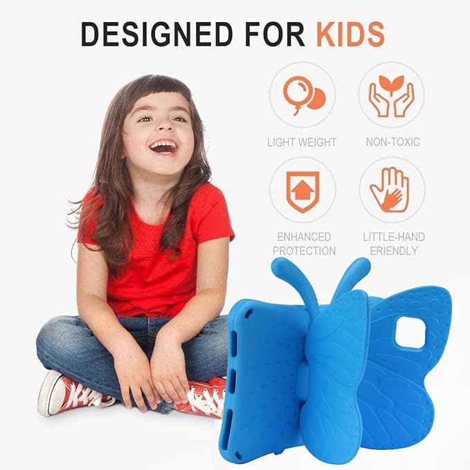 Kindle Fire HD 8 2020 Tablet Case Kids HD 8 2020 10th 12th Generation Butterfly Case with Kickstand Light EVA Full Boby Rugged Shockproof Kid-Proof Kids Tablet Cover for Girls Gift (Blue)