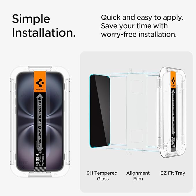 Spigen Tempered Glass Screen Protector [GlasTR EZ FIT - Privacy] Designed for iPhone 16 / iPhone 15 [2Pack]